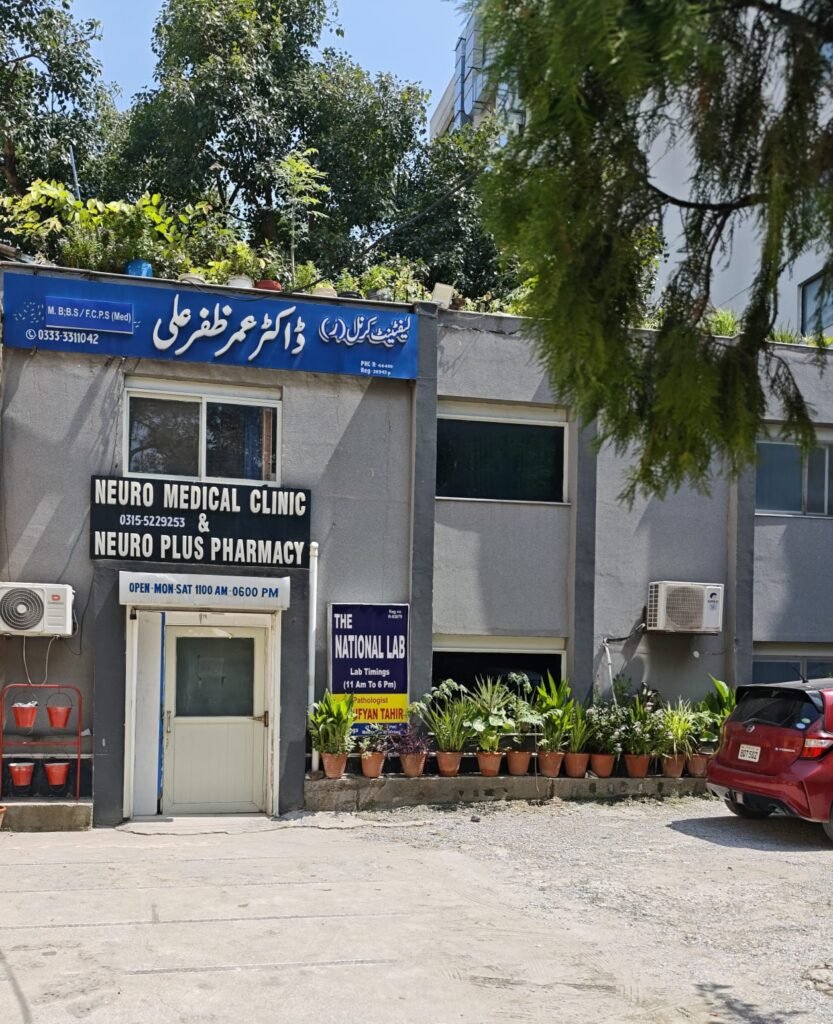 The Neuro Medical Clinic and Neuro Plus Pharmacy entrance and signboard on Mall Road, Saddar, Rawalpindi